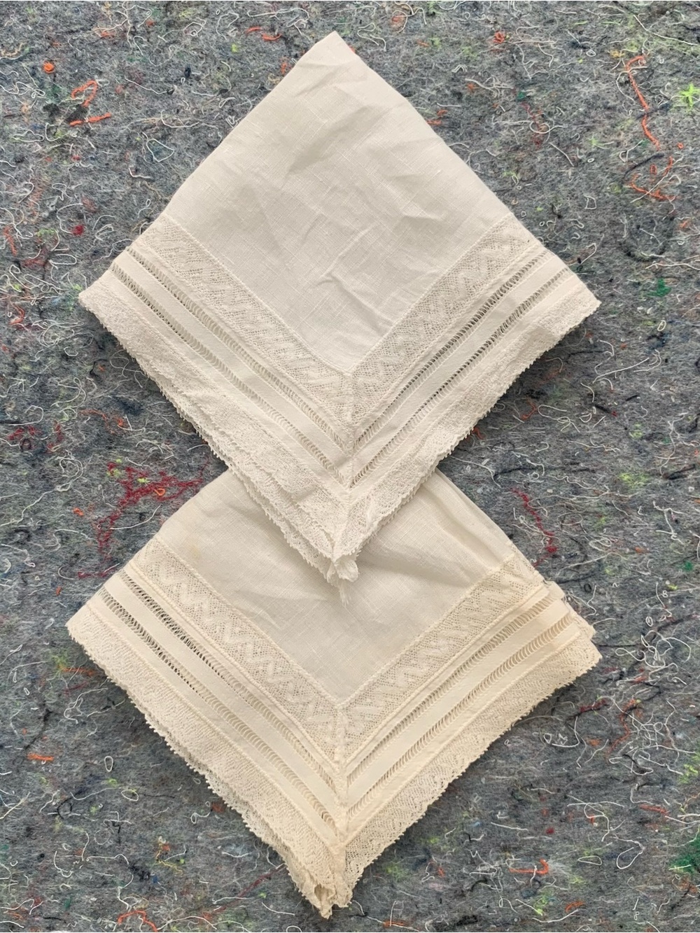 Antique white cotton lace edge handkerchief set of 2